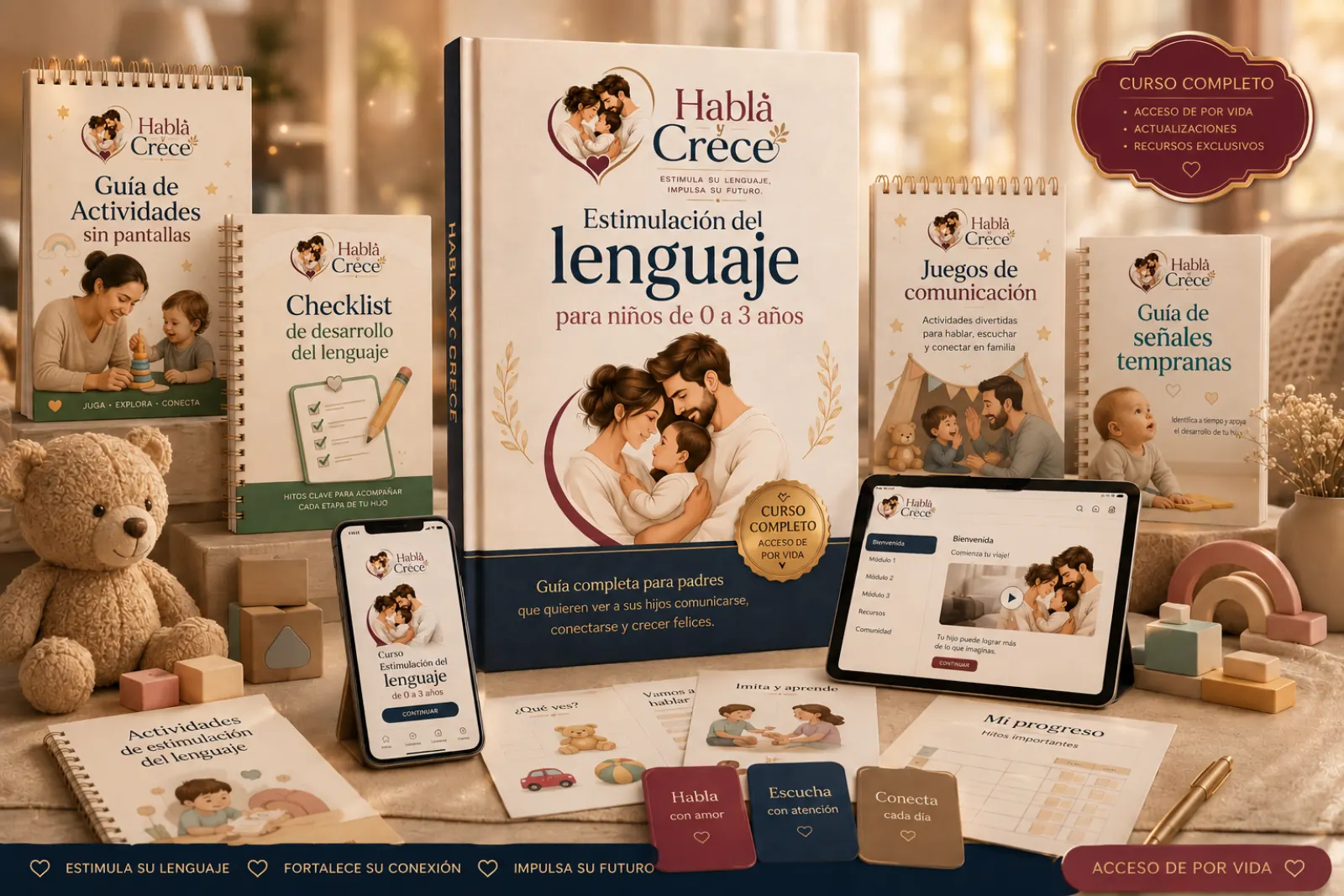 Todo lo que incluye Habla y Crece: curso, guías, checklist y bonos